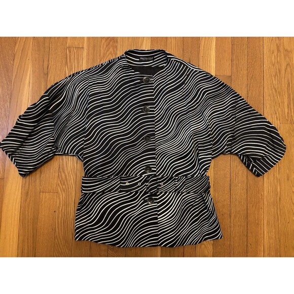 Marimekko Samu Jussi Koski Blazer Boucle Black White Striped Lines Belt Size 40 - Picture 1 of 6